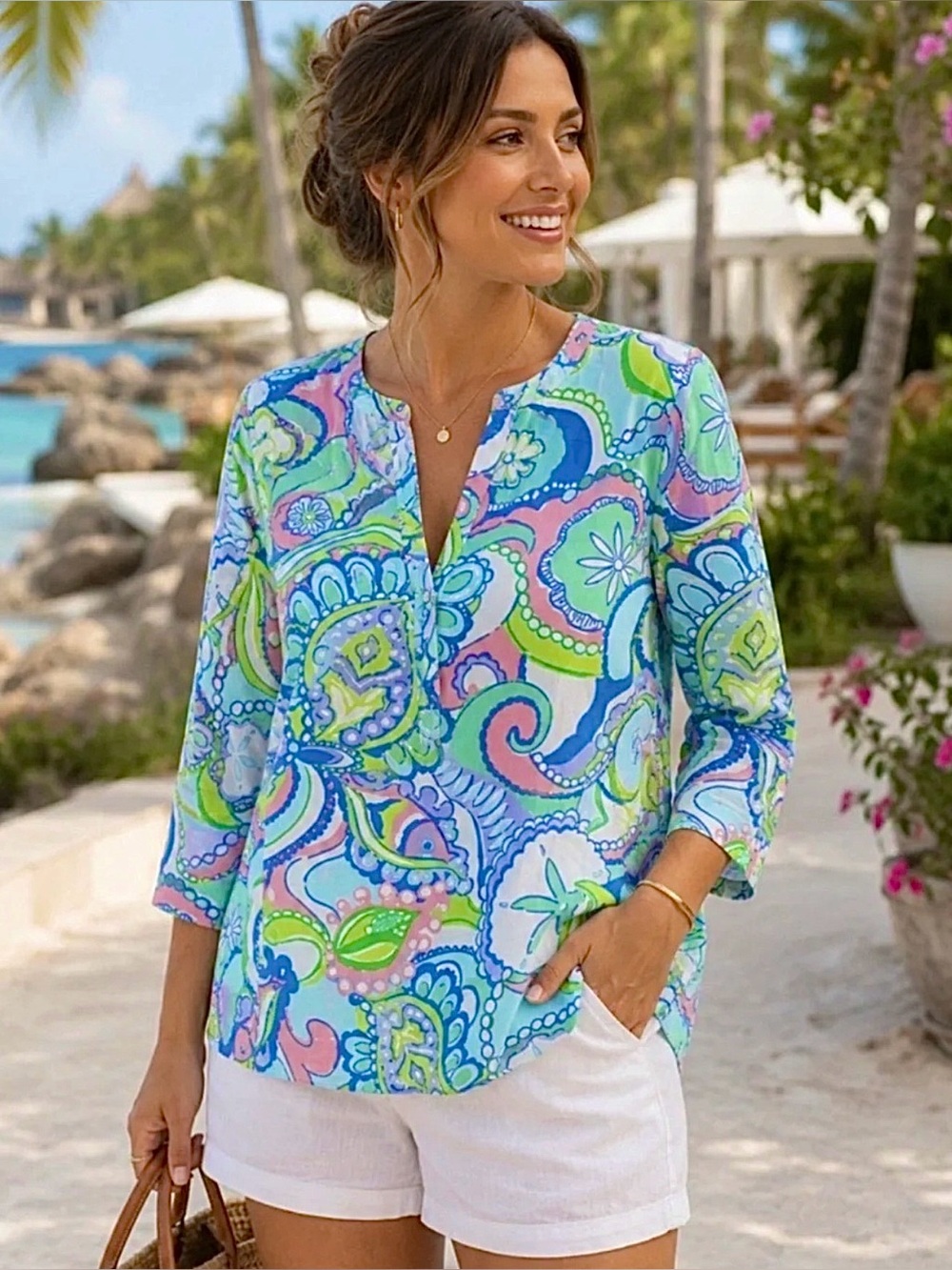 Lilly Pulitzer Amelia Island Conch Popover Tunic Blouse Cotton Size XS Tropical